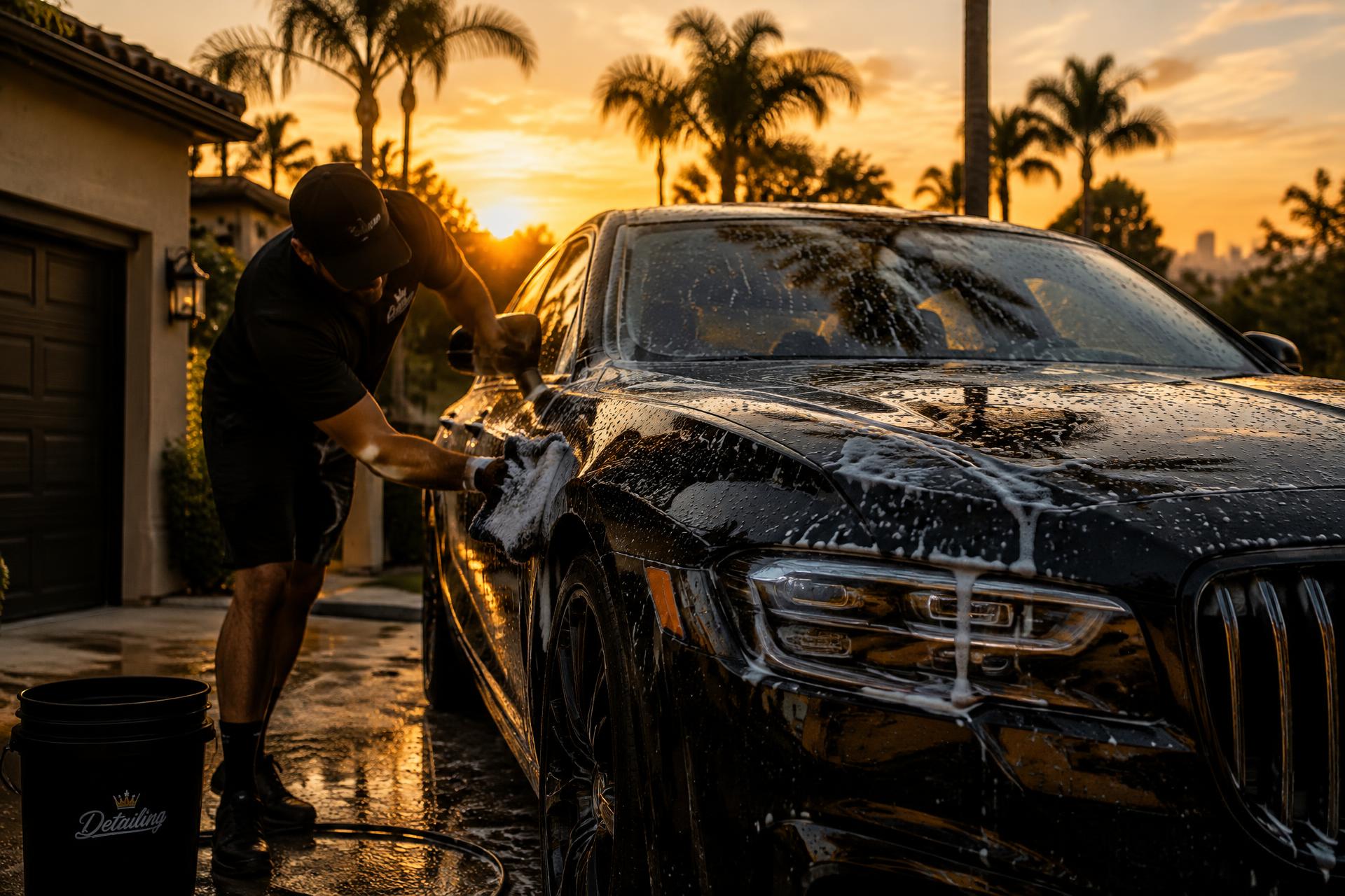 Professional detailer hand-washing a black luxury sedan at golden hour in Los Angeles